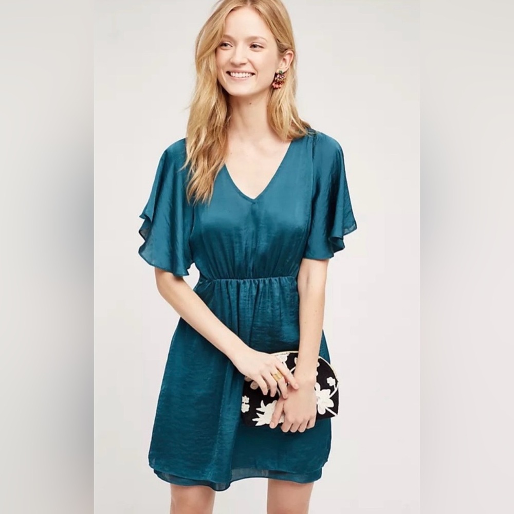 Anthropologie Maeve Women’s Turquoise Silky Satin Flutter Sleeve Dress XS NWT
